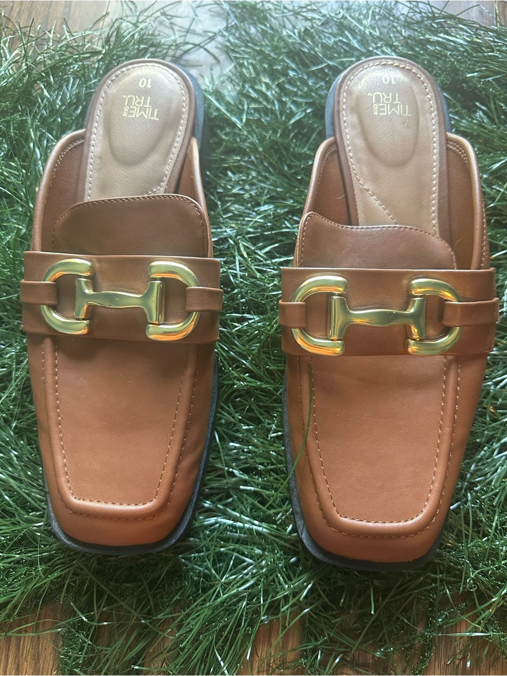 Tan Leather Slip-On Mules with yellow Hardware